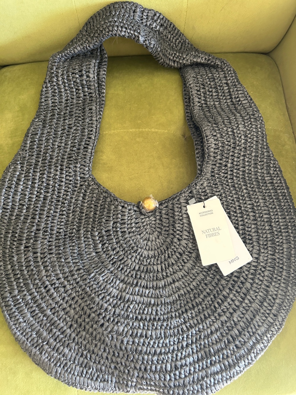 Mango woven shoulder bag in charcoal gray with wooden button